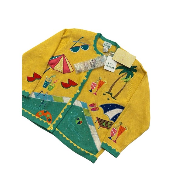 NWT Quacker Factory Pool Beach Theme Cardigan Sweater Appliqué Beads Women's L - Picture 2 of 8